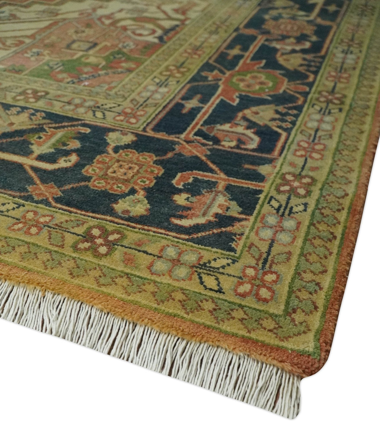 Hand Knotted Black, Rust and Beige 9x12 Traditional Heriz Serapi Wool Area Rug