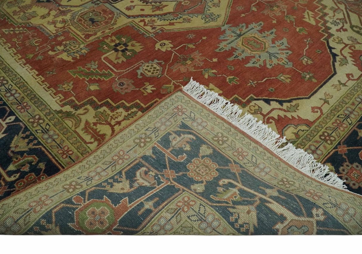 Hand Knotted Black, Rust and Beige 9x12 Traditional Heriz Serapi Wool Area Rug