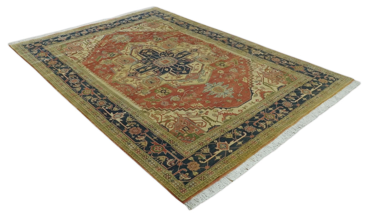 Hand Knotted Black, Rust and Beige 9x12 Traditional Heriz Serapi Wool Area Rug
