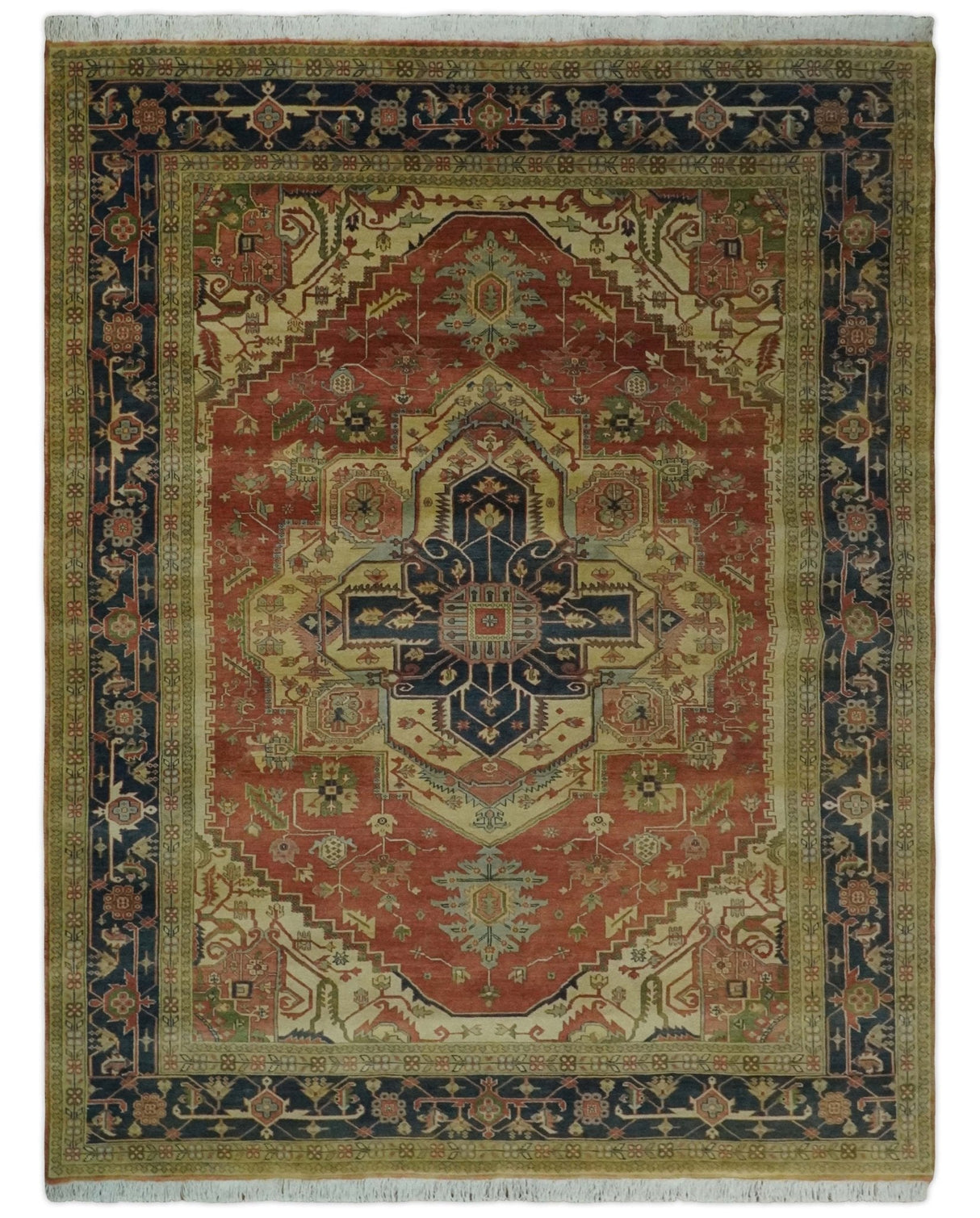 Hand Knotted Black, Rust and Beige 9x12 Traditional Heriz Serapi Wool Area Rug