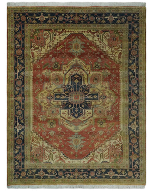 Hand Knotted Black, Rust and Beige 9x12 Traditional Heriz Serapi Wool Area Rug