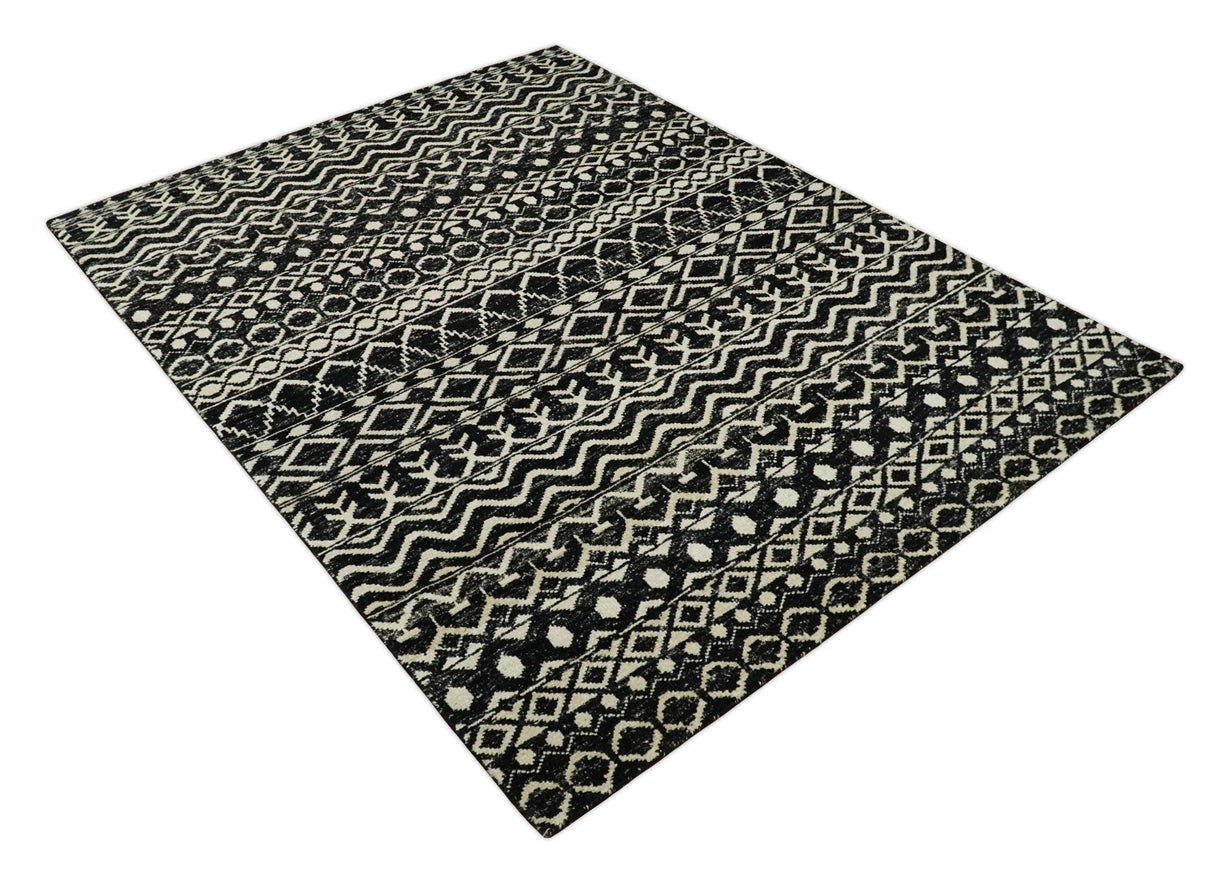 Hand Knotted Black and Ivory Modern Contemporary Southwestern Tribal Trellis Recycled Silk Area Rug | OP11