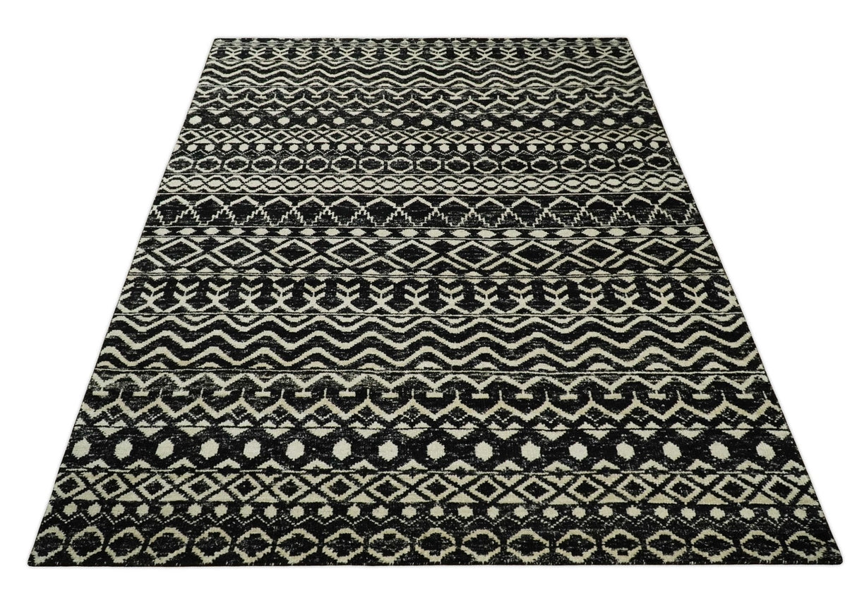 Hand Knotted Black and Ivory Modern Contemporary Southwestern Tribal Trellis Recycled Silk Area Rug | OP11