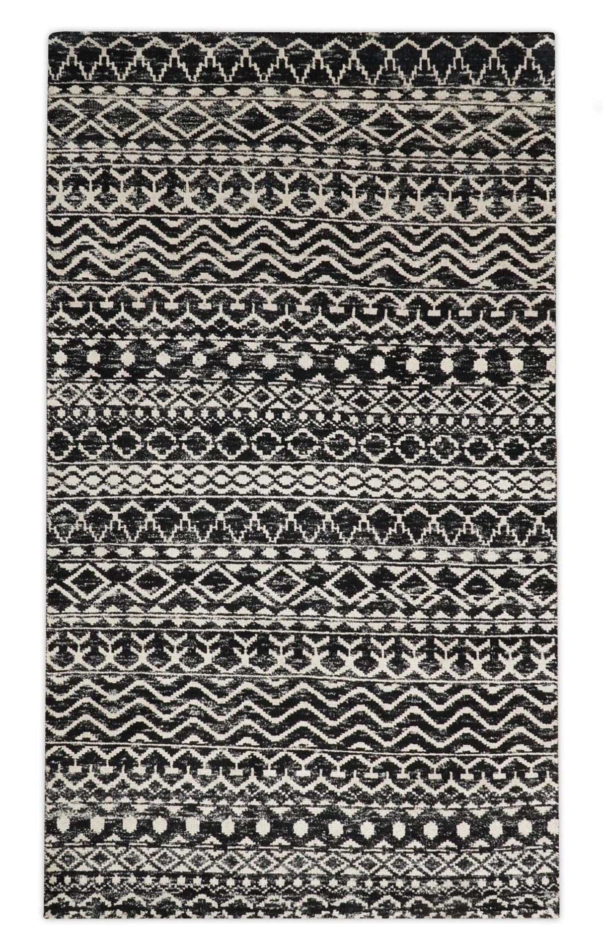 Hand Knotted Black and Ivory Modern Contemporary Southwestern Tribal Trellis Recycled Silk Area Rug | OP11