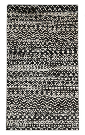 Hand Knotted Black and Ivory Modern Contemporary Southwestern Tribal Trellis Recycled Silk Area Rug | OP11