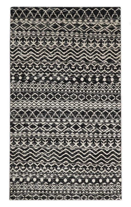 Hand Knotted Black and Ivory Modern Contemporary Southwestern Tribal Trellis Recycled Silk Area Rug | OP11