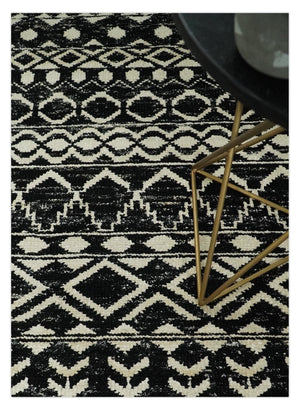 Hand Knotted Black and Ivory Modern Contemporary Southwestern Tribal Trellis Recycled Silk Area Rug | OP11