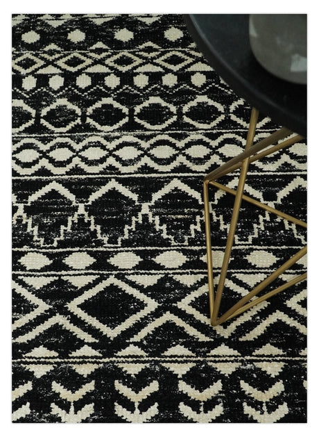 Hand Knotted Black and Ivory Modern Contemporary Southwestern Tribal Trellis Recycled Silk Area Rug | OP11