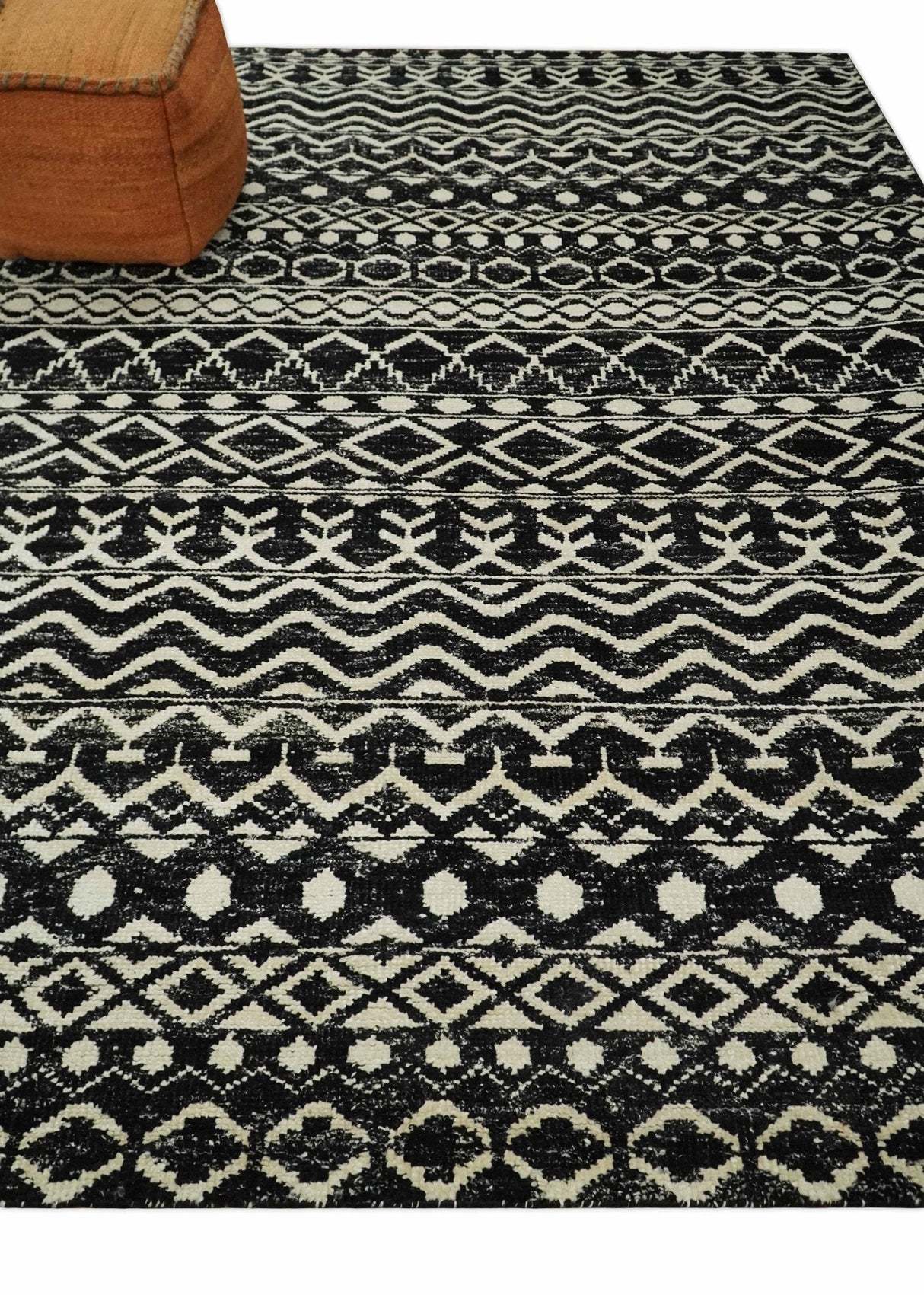 Hand Knotted Black and Ivory Modern Contemporary Southwestern Tribal Trellis Recycled Silk Area Rug | OP11
