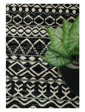 Hand Knotted Black and Ivory Modern Contemporary Southwestern Tribal Trellis Recycled Silk Area Rug | OP11