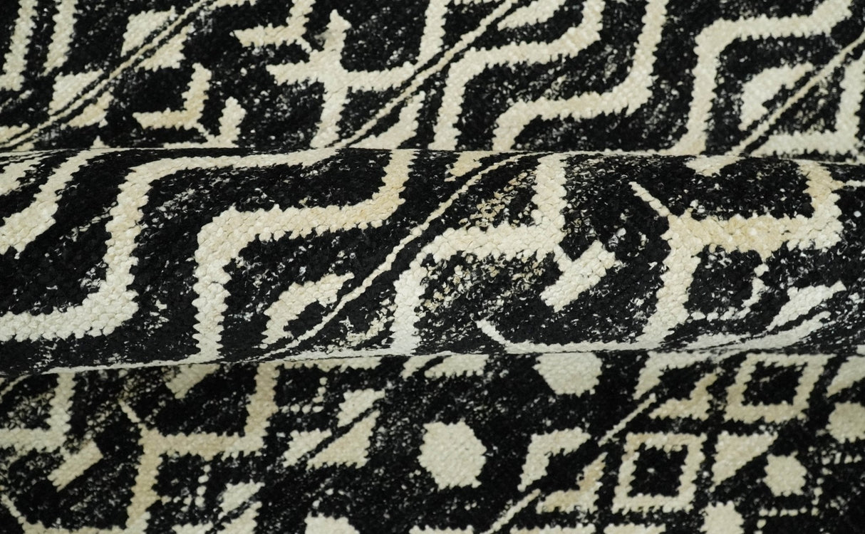 Hand Knotted Black and Ivory Modern Contemporary Southwestern Tribal Trellis Recycled Silk Area Rug | OP11