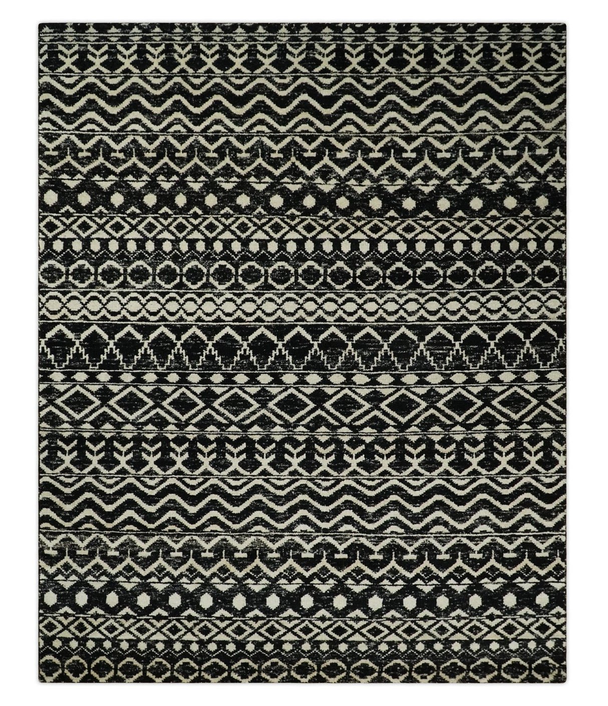 Hand Knotted Black and Ivory Modern Contemporary Southwestern Tribal Trellis Recycled Silk Area Rug | OP11