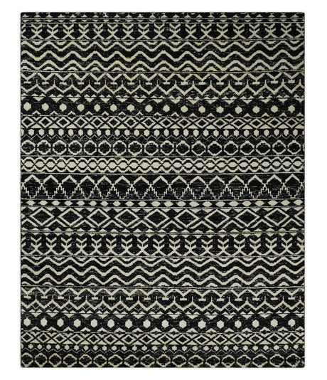Hand Knotted Black and Ivory Modern Contemporary Southwestern Tribal Trellis Recycled Silk Area Rug | OP11