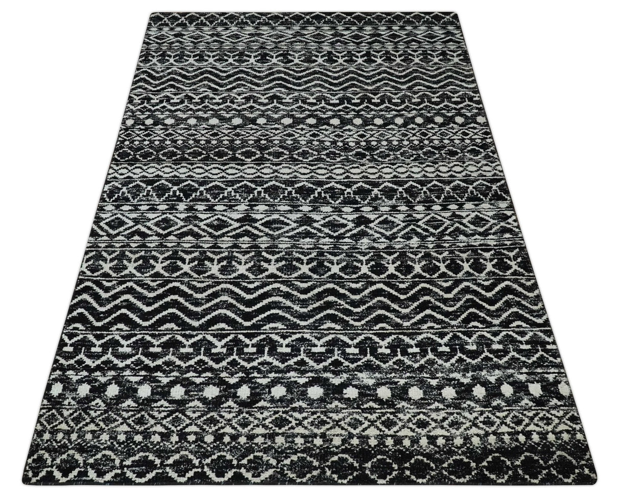 Hand Knotted Black and Ivory Modern Contemporary Tribal Trellis Recycled Silk Area Rug