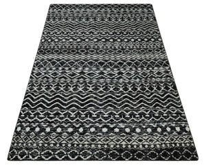 Hand Knotted Black and Ivory Modern Contemporary Tribal Trellis Recycled Silk Area Rug