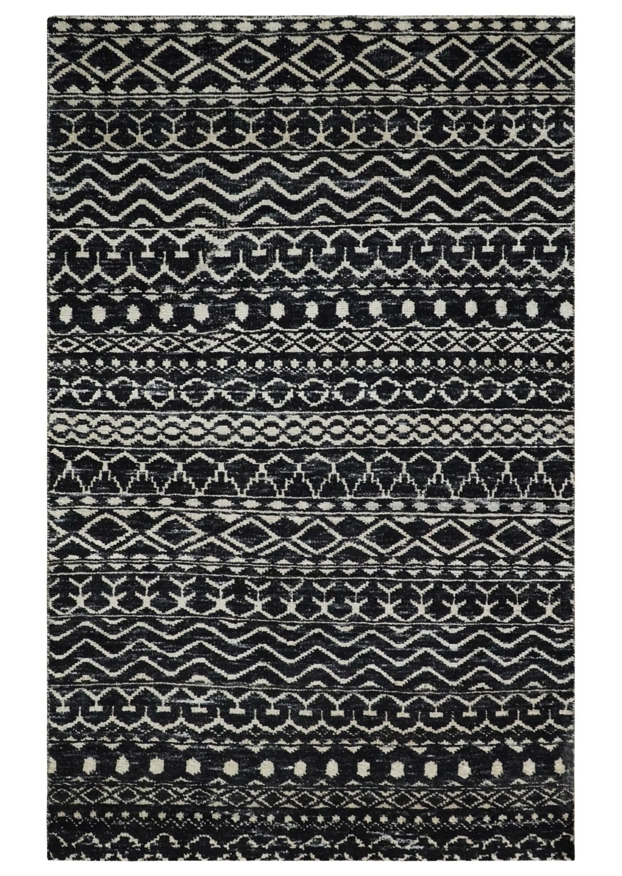 Hand Knotted Black and Ivory Modern Contemporary Tribal Trellis Recycled Silk Area Rug