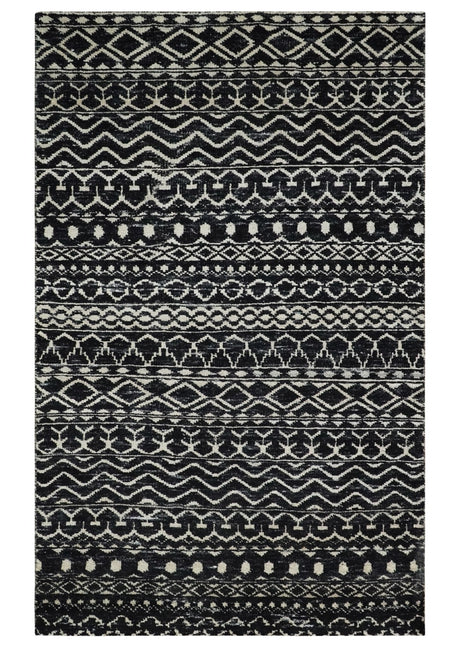 Hand Knotted Black and Ivory Modern Contemporary Tribal Trellis Recycled Silk Area Rug
