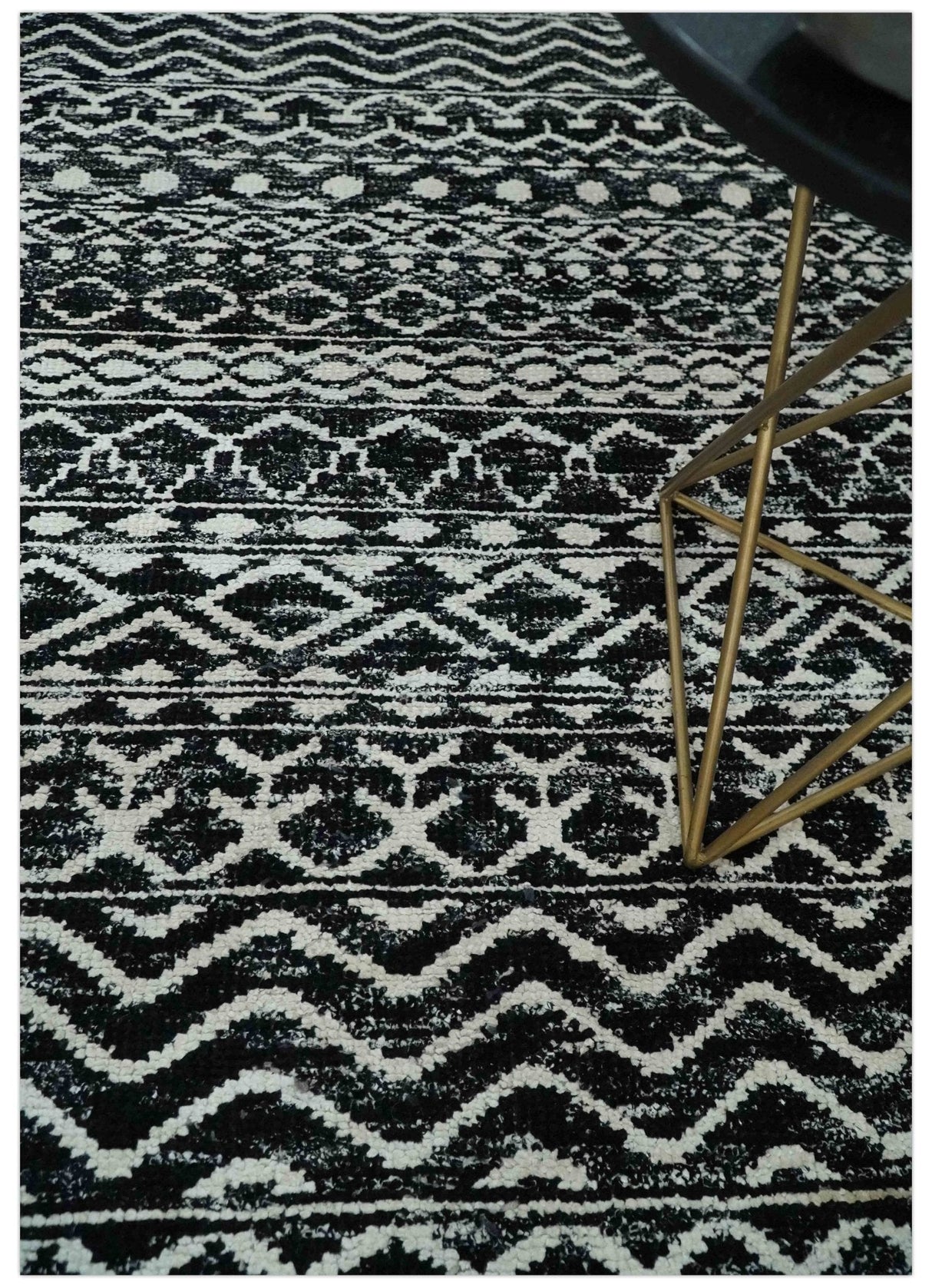 Hand Knotted Black and Ivory Modern Contemporary Tribal Trellis Recycled Silk Area Rug
