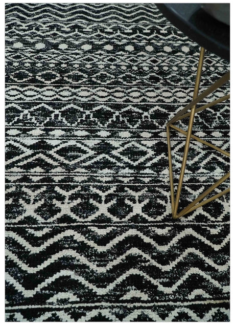 Hand Knotted Black and Ivory Modern Contemporary Tribal Trellis Recycled Silk Area Rug