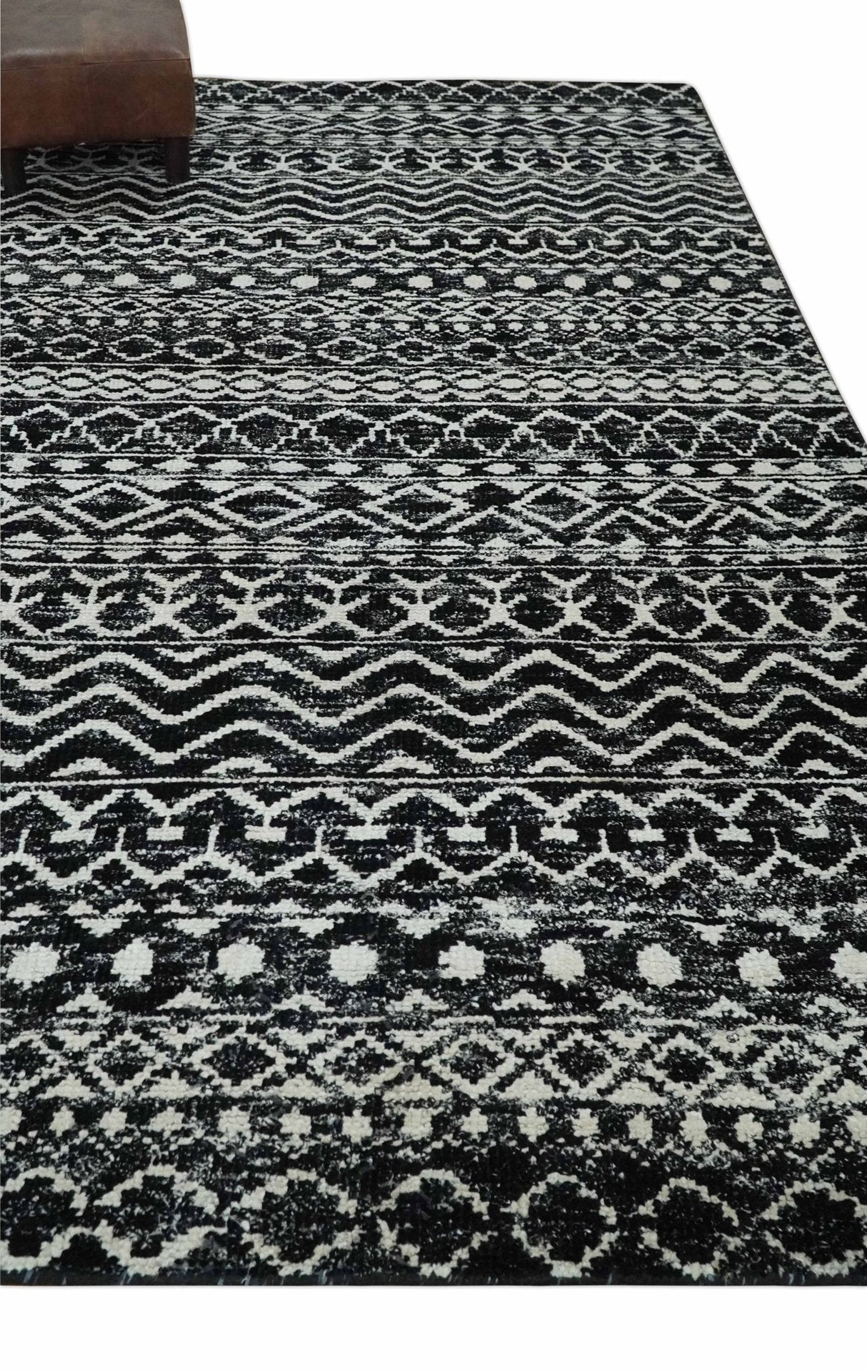 Hand Knotted Black and Ivory Modern Contemporary Tribal Trellis Recycled Silk Area Rug