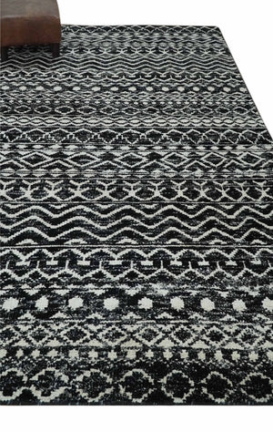 Hand Knotted Black and Ivory Modern Contemporary Tribal Trellis Recycled Silk Area Rug