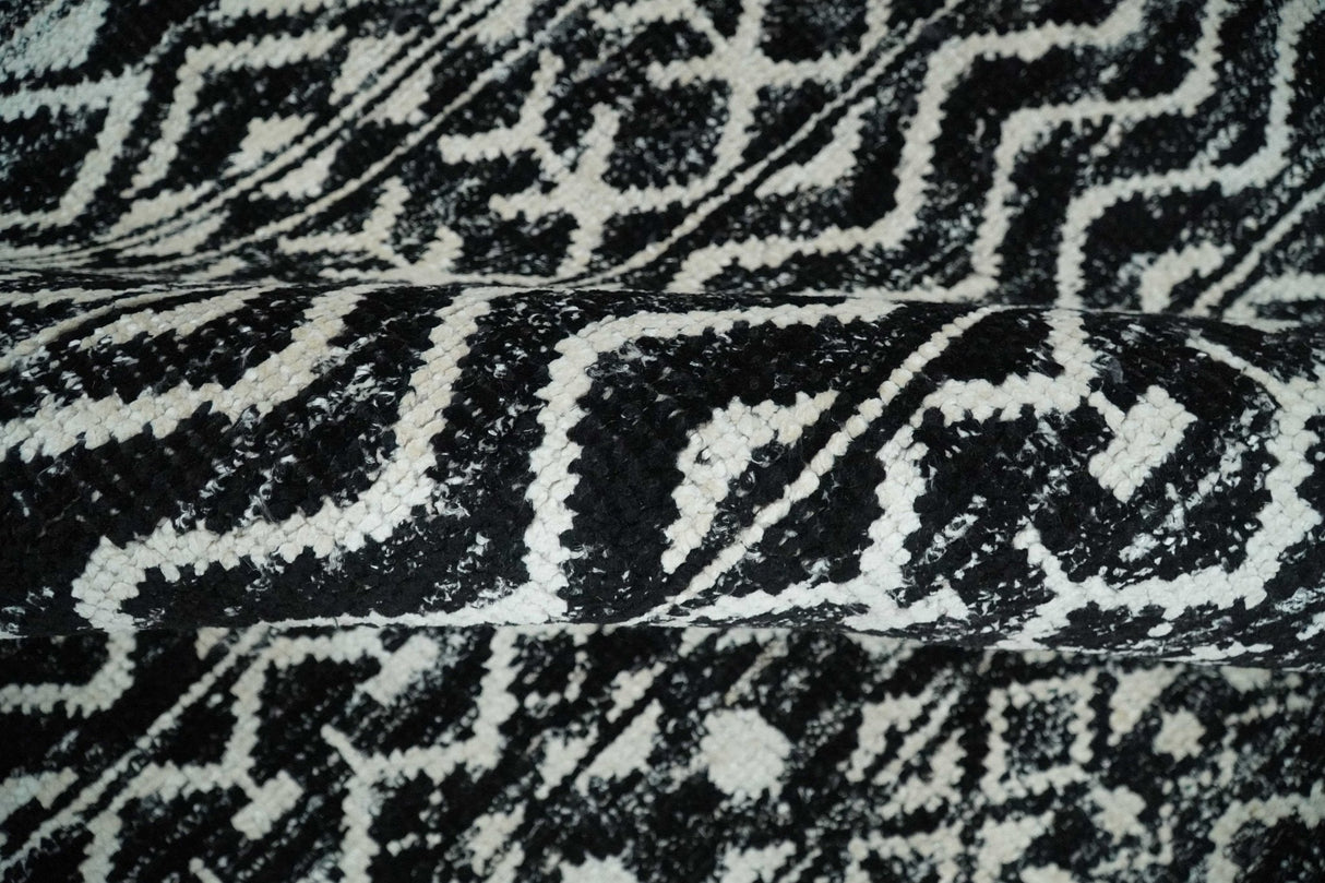 Hand Knotted Black and Ivory Modern Contemporary Tribal Trellis Recycled Silk Area Rug
