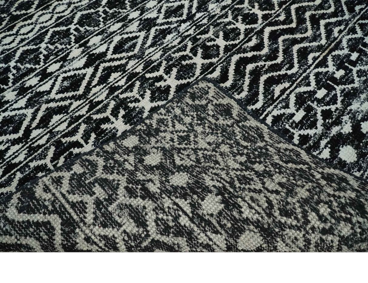 Hand Knotted Black and Ivory Modern Contemporary Tribal Trellis Recycled Silk Area Rug