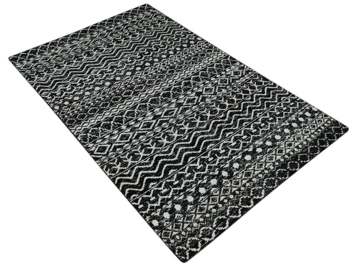 Hand Knotted Black and Ivory Modern Contemporary Tribal Trellis Recycled Silk Area Rug
