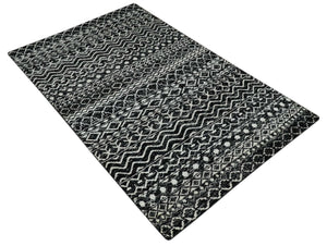 Hand Knotted Black and Ivory Modern Contemporary Tribal Trellis Recycled Silk Area Rug