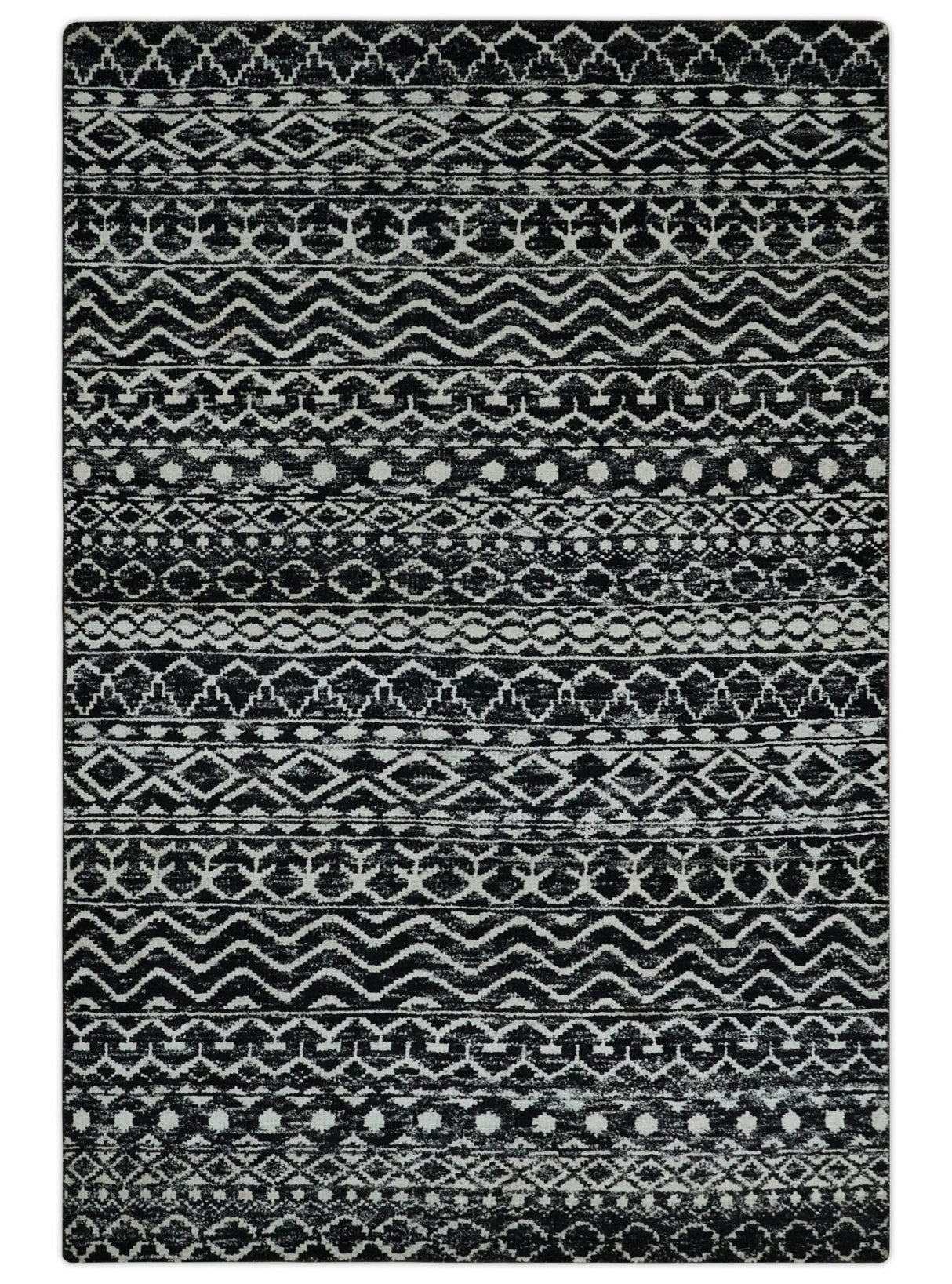 Hand Knotted Black and Ivory Modern Contemporary Tribal Trellis Recycled Silk Area Rug