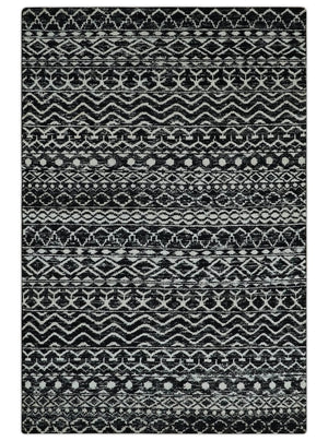Hand Knotted Black and Ivory Modern Contemporary Tribal Trellis Recycled Silk Area Rug