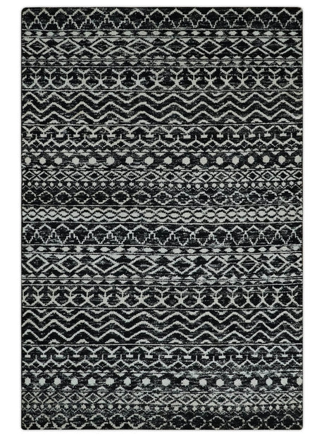 Hand Knotted Black and Ivory Modern Contemporary Tribal Trellis Recycled Silk Area Rug