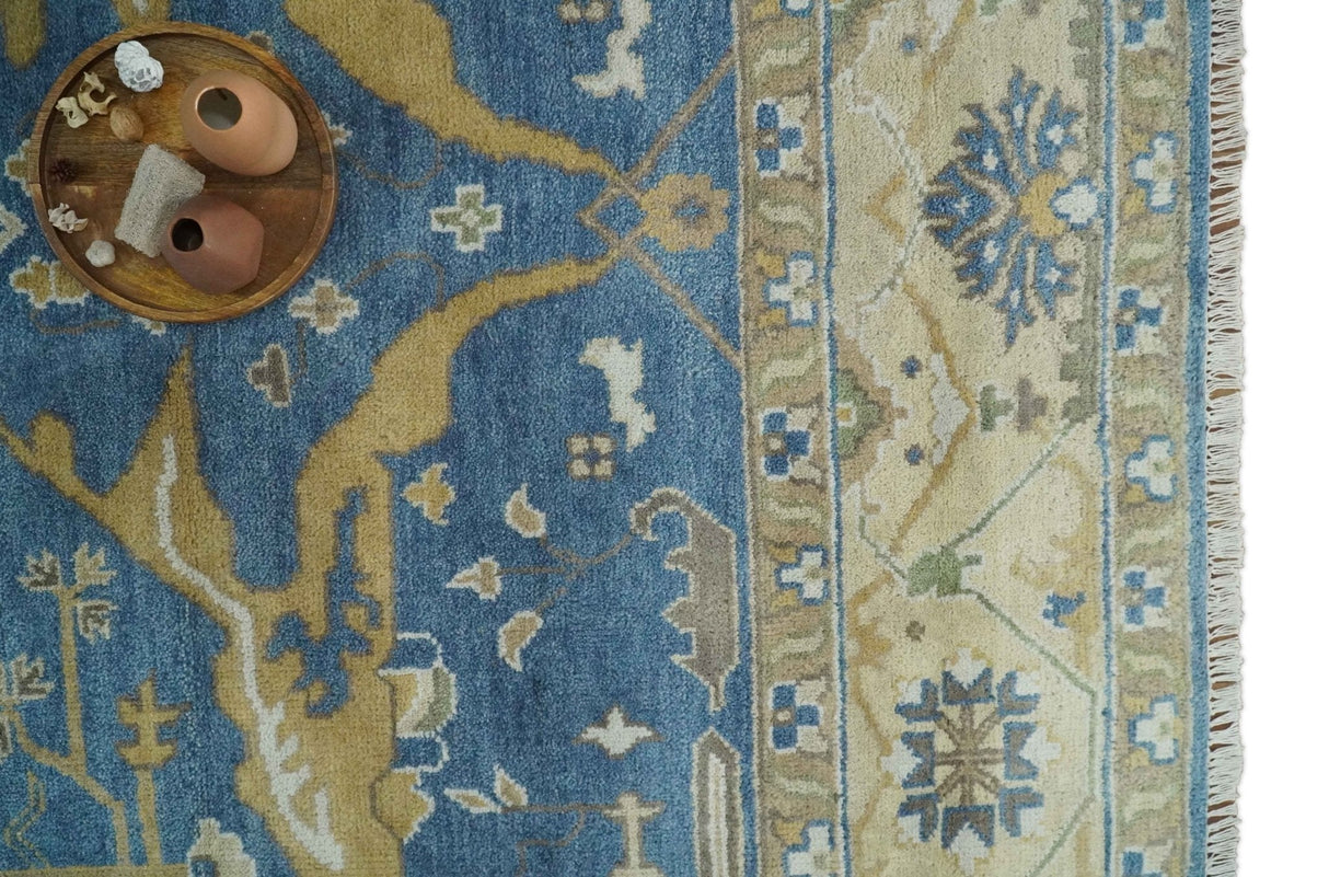 Hand Knotted Blue, Beige and Olive Oriental Oushak 8x10 Wool Area Rug