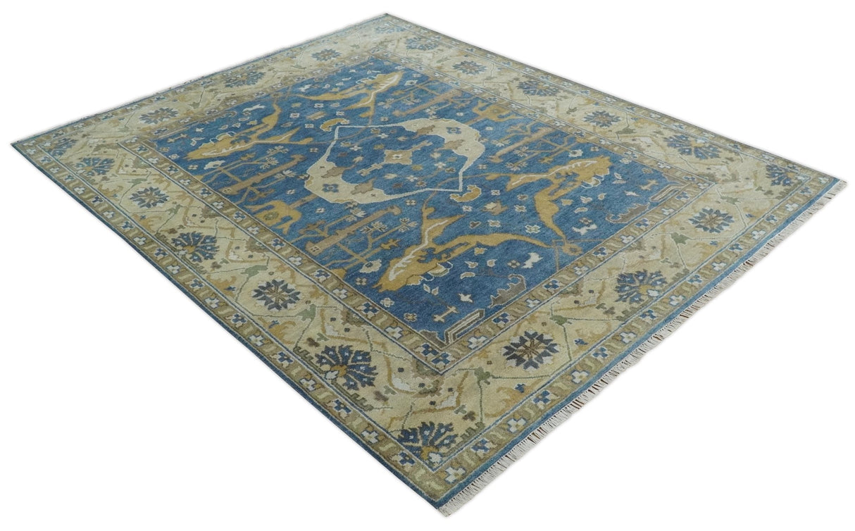 Hand Knotted Blue, Beige and Olive Oriental Oushak 8x10 Wool Area Rug