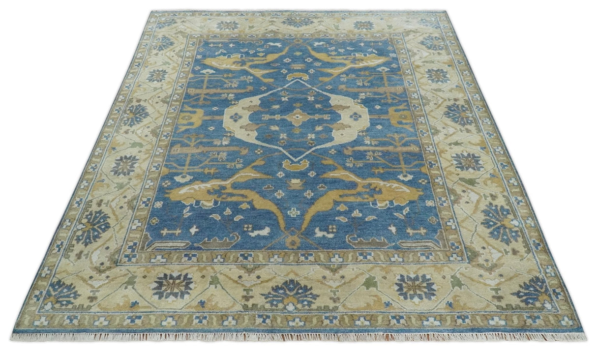 Hand Knotted Blue, Beige and Olive Oriental Oushak 8x10 Wool Area Rug
