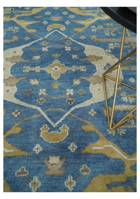 Hand Knotted Blue, Beige and Olive Oriental Oushak 8x10 Wool Area Rug
