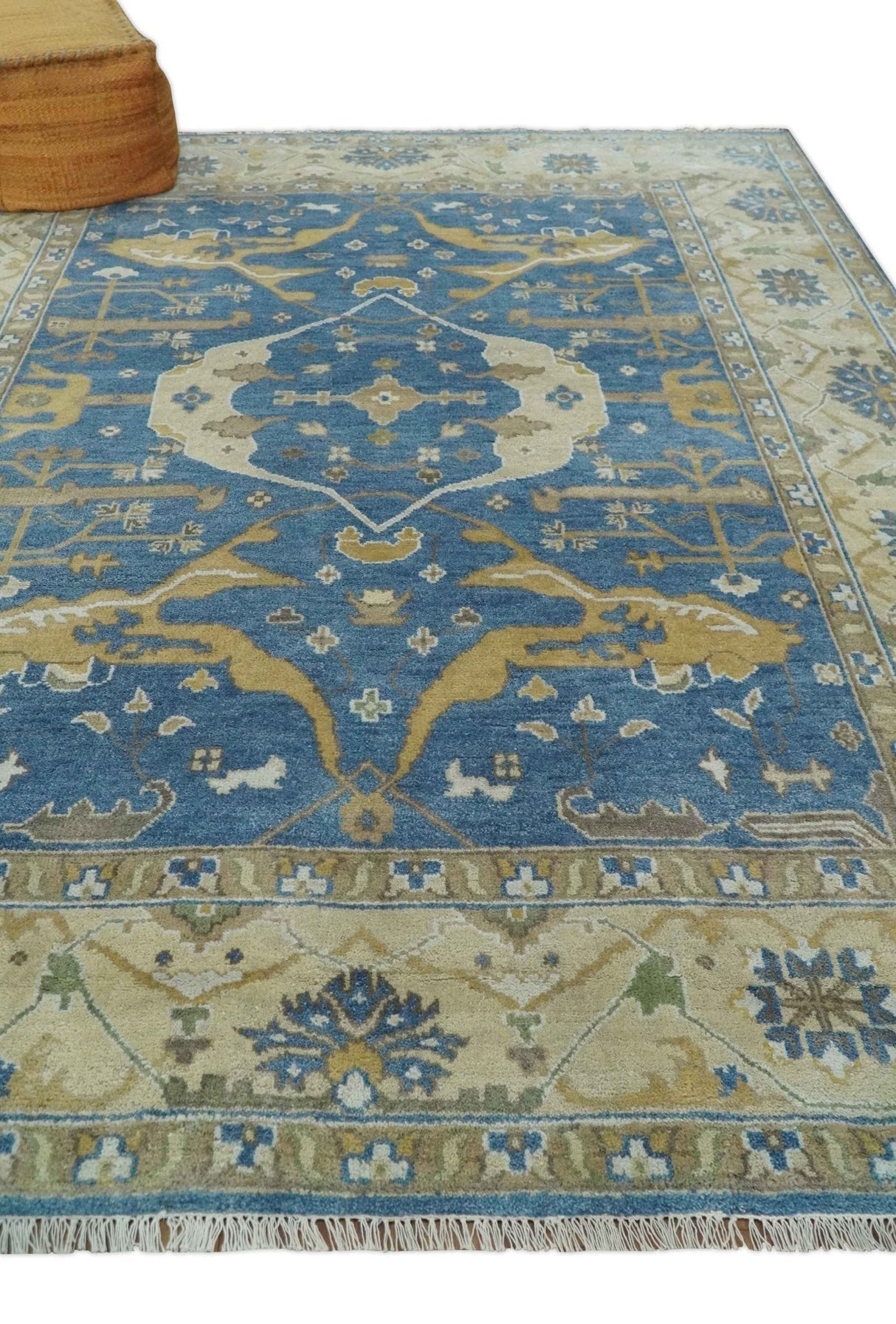 Hand Knotted Blue, Beige and Olive Oriental Oushak 8x10 Wool Area Rug