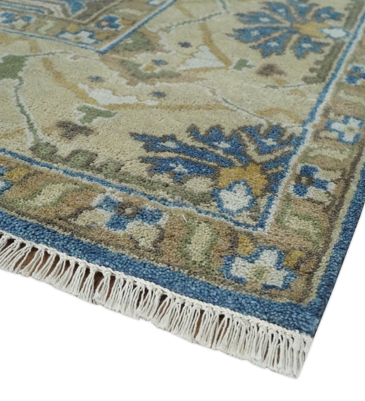Hand Knotted Blue, Beige and Olive Oriental Oushak 8x10 Wool Area Rug