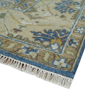 Hand Knotted Blue, Beige and Olive Oriental Oushak 8x10 Wool Area Rug