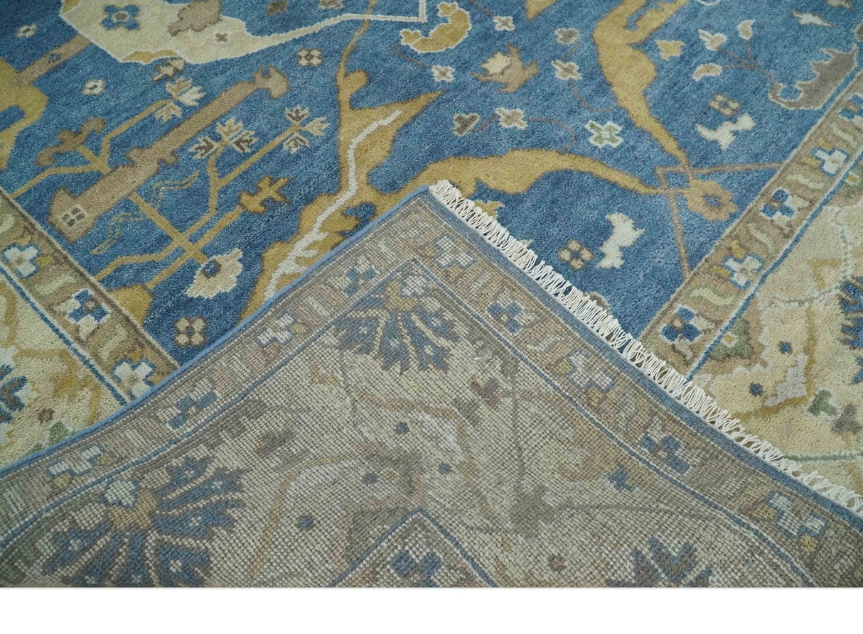 Hand Knotted Blue, Beige and Olive Oriental Oushak 8x10 Wool Area Rug