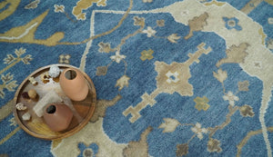 Hand Knotted Blue, Beige and Olive Oriental Oushak 8x10 Wool Area Rug