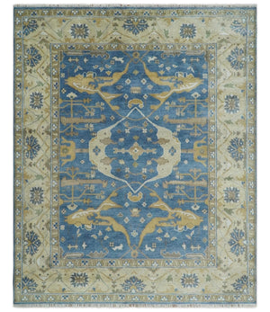 Hand Knotted Blue, Beige and Olive Oriental Oushak 8x10 Wool Area Rug
