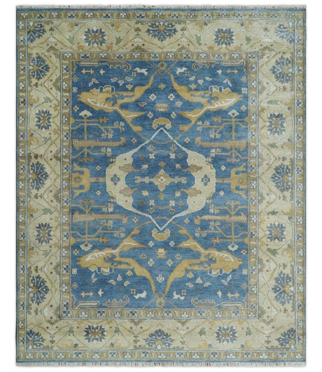 Hand Knotted Blue, Beige and Olive Oriental Oushak 8x10 Wool Area Rug
