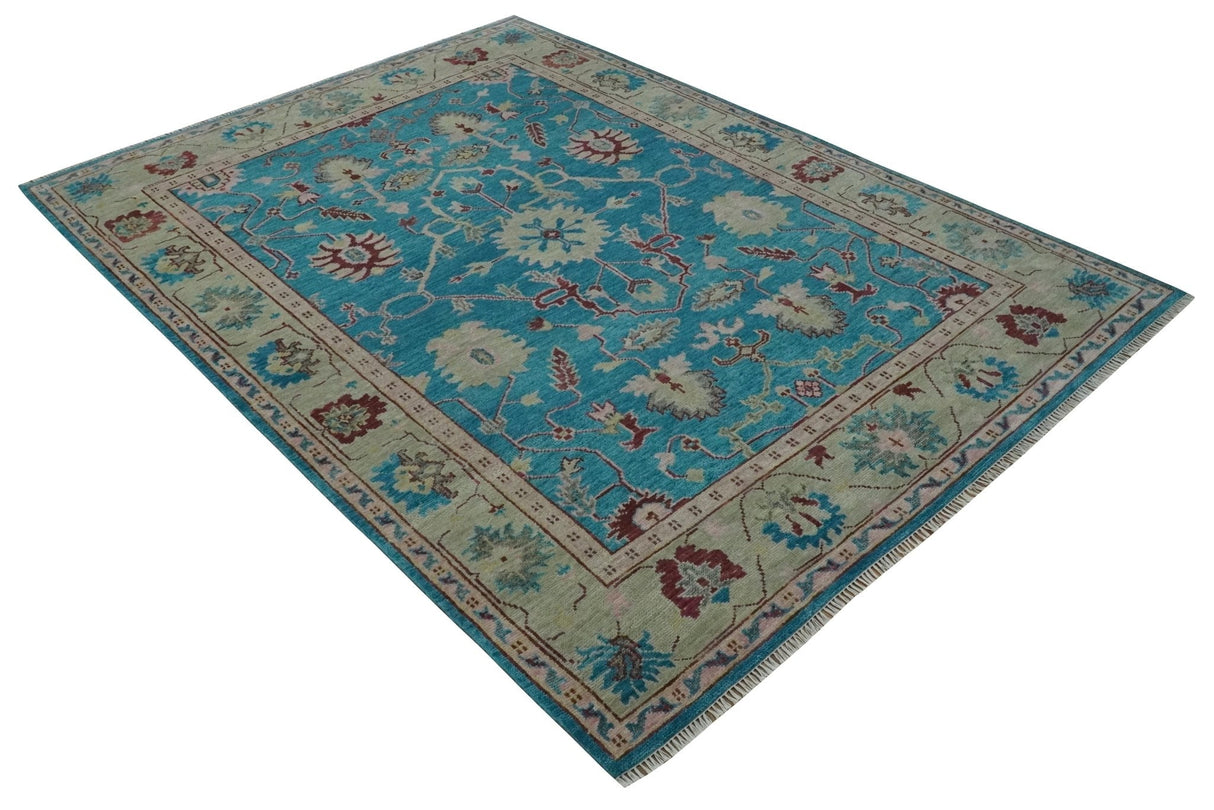Hand Knotted Blue, Ivory and Maroon Oriental Oushak 9x12 Traditional Wool Area Rug