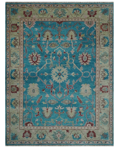 Hand Knotted Blue, Ivory and Maroon Oriental Oushak 9x12 Traditional Wool Area Rug