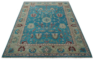 Hand Knotted Blue, Ivory and Maroon Oriental Oushak Multi Size Traditional Wool Area Rug