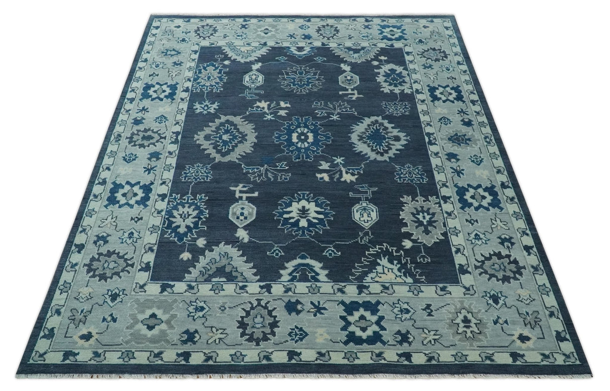 Hand Knotted Blue, Silver and Ivory Traditional Oushak Vintage Style Wool Rug
