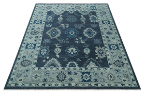 Hand Knotted Blue, Silver and Ivory Traditional Oushak Vintage Style Wool Rug