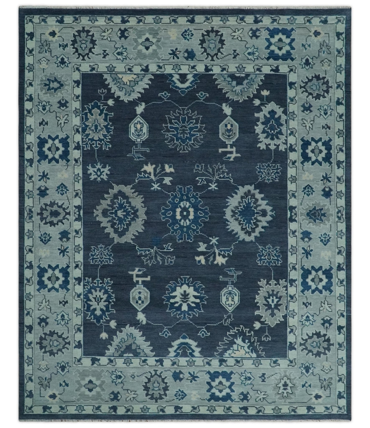 Hand Knotted Blue, Silver and Ivory Traditional Oushak Vintage Style Wool Rug