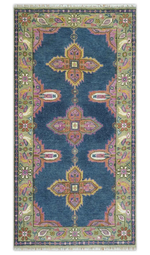 Hand Knotted Blue, Silver and Pink Traditional Heriz Serapi Wool Rug, Living Room and Bedroom Rug